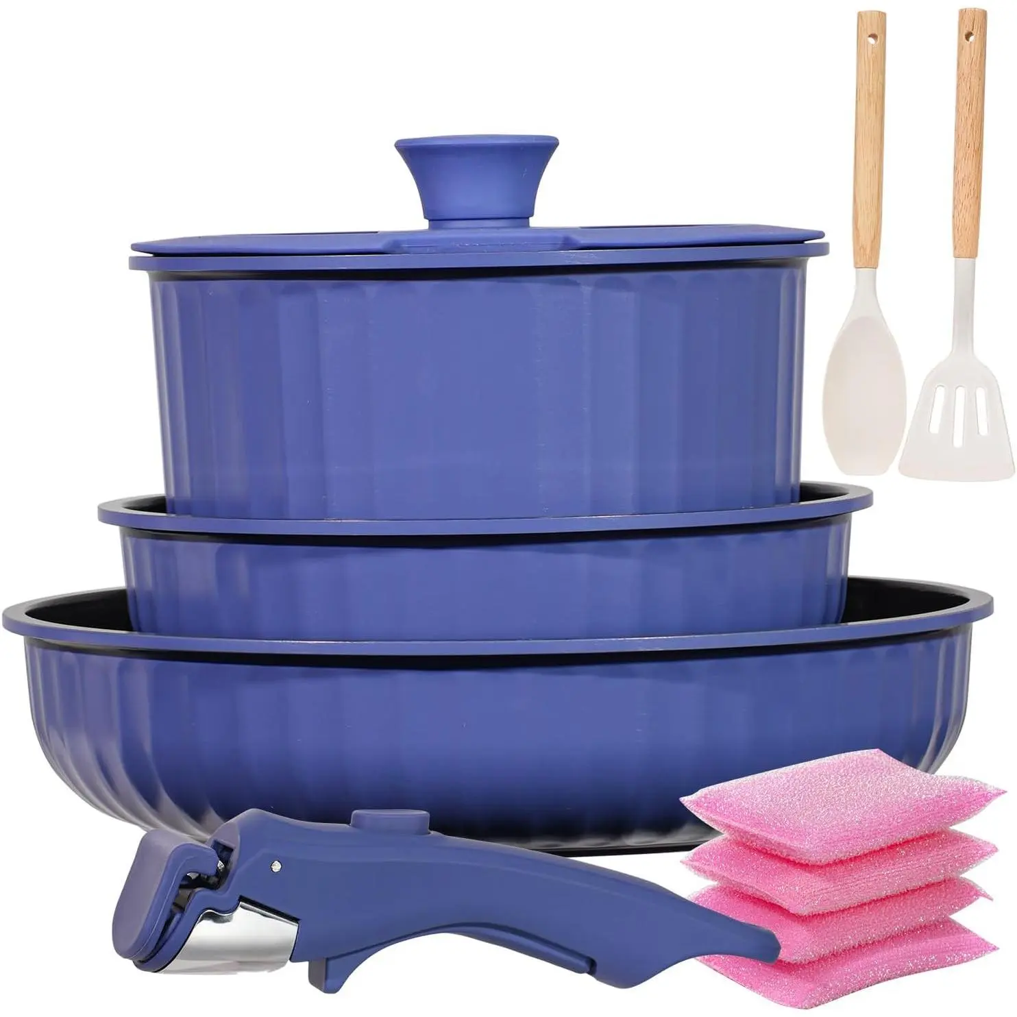 11 count Pots and Pans Set Nonstick with Removable Handle, Induction Cookware, Stackable Kitchen Set for RV Camping Apartment, Frying Pan and Saucepan (Blue)
