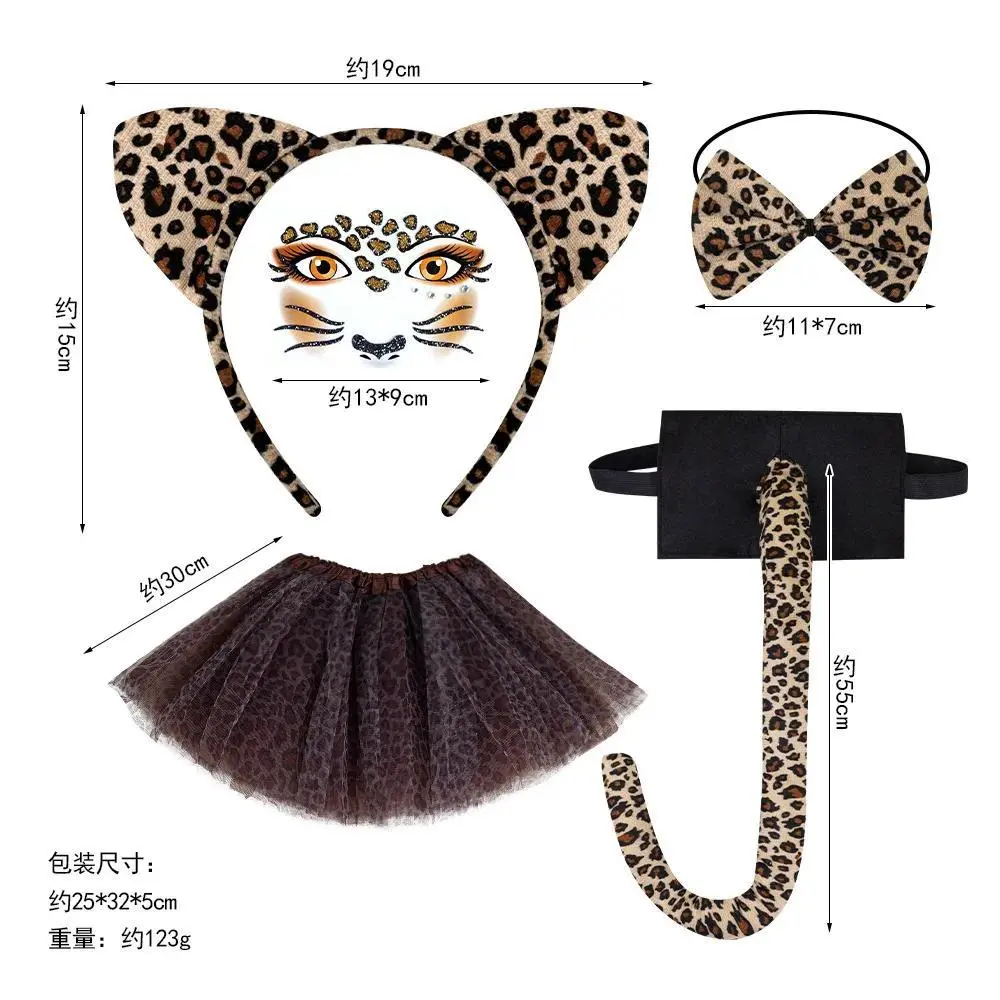 Women Girl Cheetah Costume Set Leopard Cat Ears Headband Tail Tutus Skirt Bowtie Nose for Kids Adults Halloween Cosplay Party