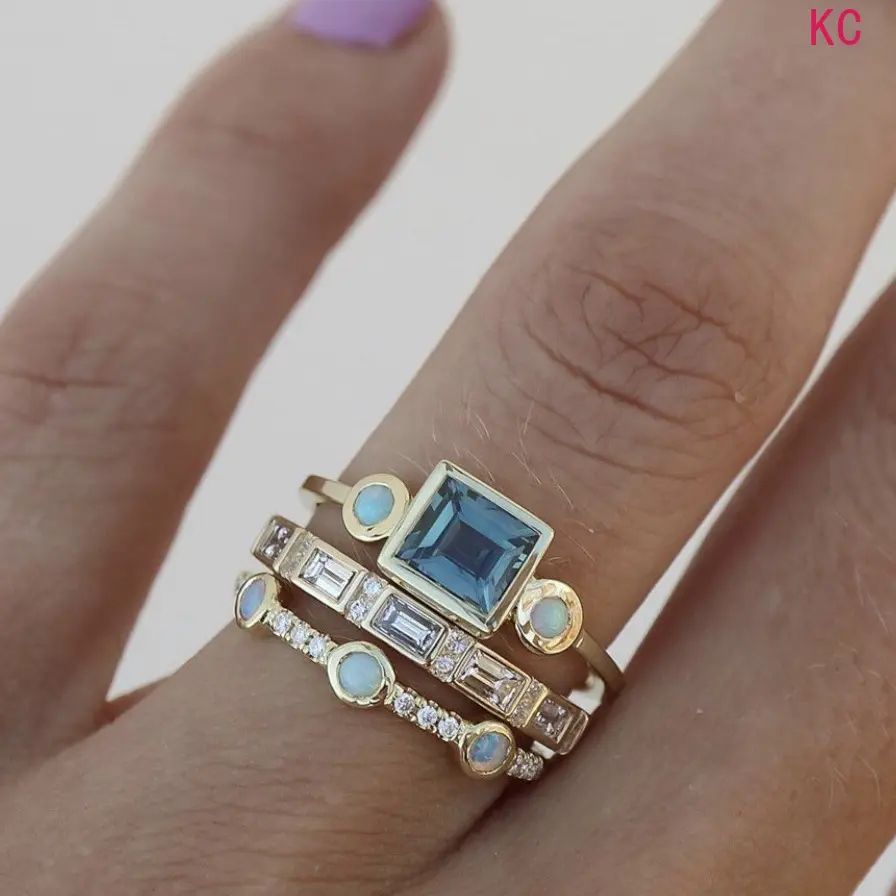 3Pcs Gold Three-Piece Gemstone Ring Set, Ins Style Fashion Finger Jewelry For Women Daily Outfit Matching Accessory