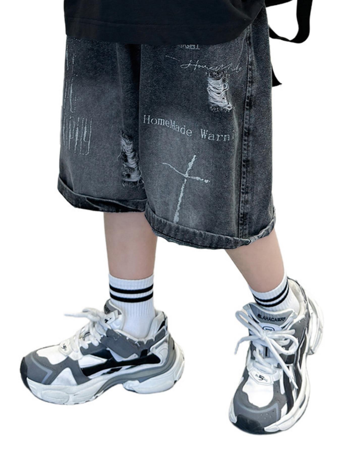 (New)Boys' Distressed Denim Shorts with Ripped Lettering - Loose Fit Streetwear Style, Machine Washable Summer Casual Shorts Suitable for Daily Wear, Outdoor Play & Valentine's Gifts for to Teen Boys, Perfect for Outdoor