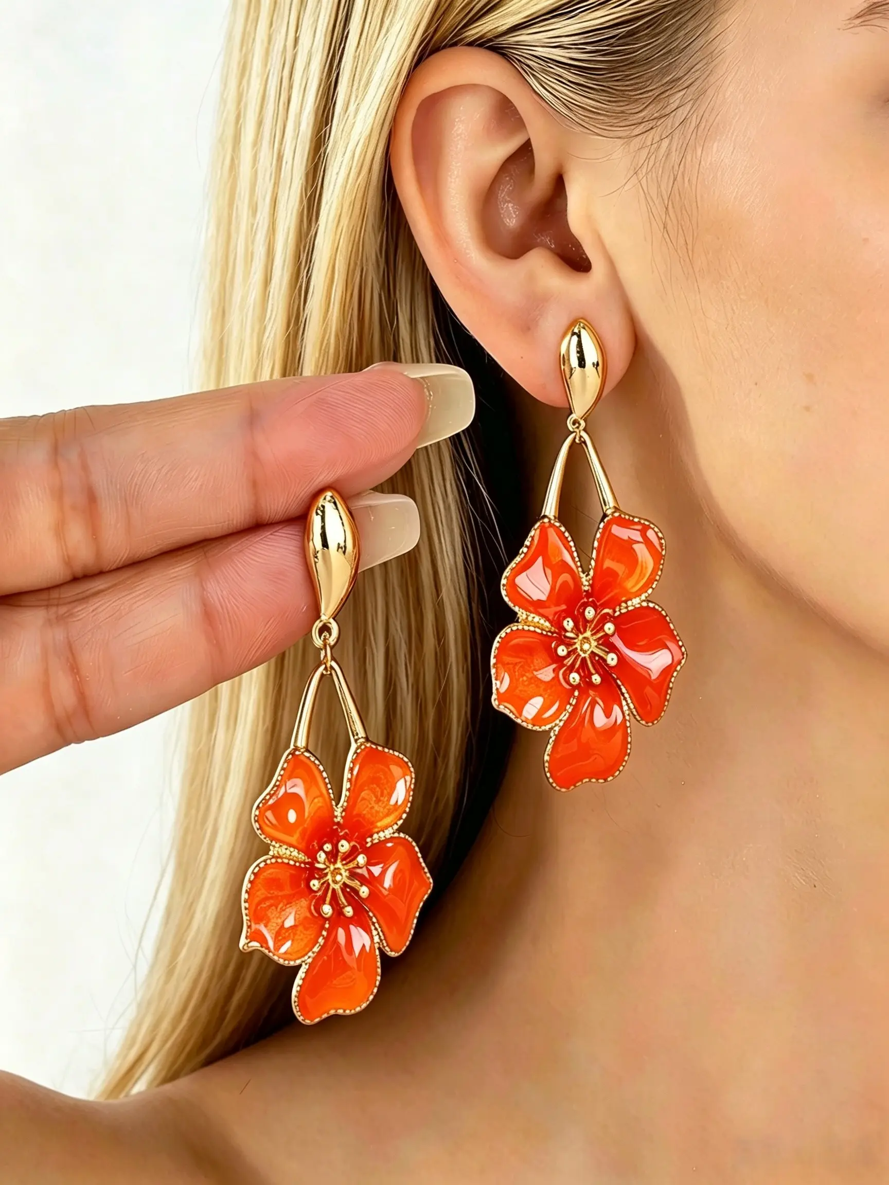Tropical Flower Drop Earrings for Women, Enamel Hibiscus Dangle Earrings, Summer Beach Floral Jewelry Gift, Beachy Earrings