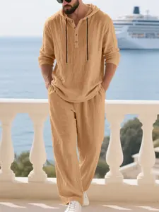 Men's loose-fit linen casual summer hooded henley set with long sleeves and trousers