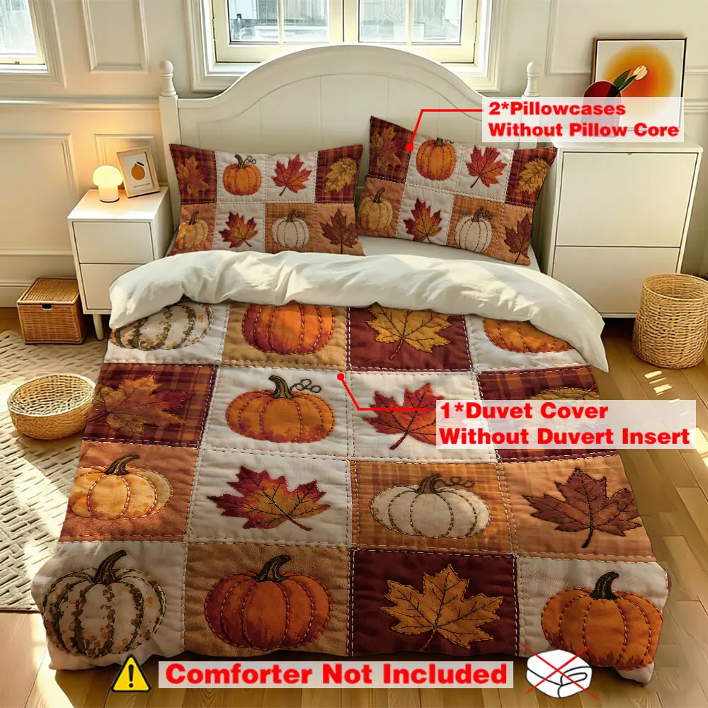 A three-piece set (1 duvet cover + 2 pillowcases, without filling) featuring pumpkin and maple leaf patchwork design. Soft and comfortable theme bedding set, Comfy bedding sets, suitable for all rooms and year-round use