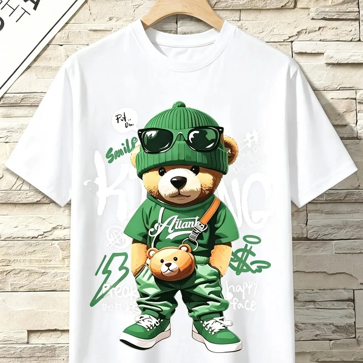 Women'S Casual Bear Graphic T-Shirt, Crew Neck Short Sleeve Top, Regular Length, Alphabet Pattern, All Season Wear