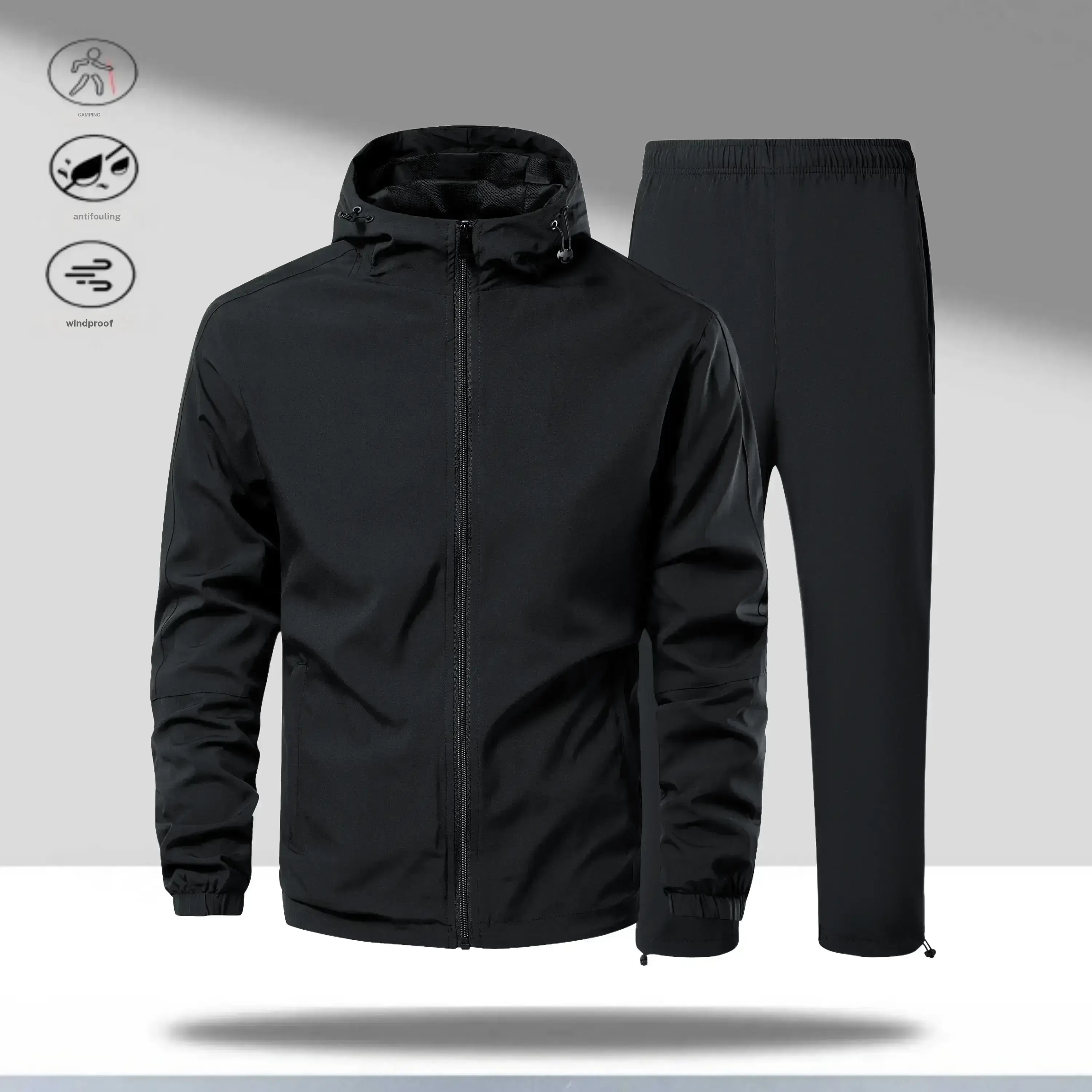 Men's 2 Piece Hooded Tracksuit Set Mens Clothing, Men's Wear, Adjustable Hood Zip Top, Elastic Waist Pants, All Black Streetwear Drip Outfits, Father’s Day Gift Sweatsuit Set