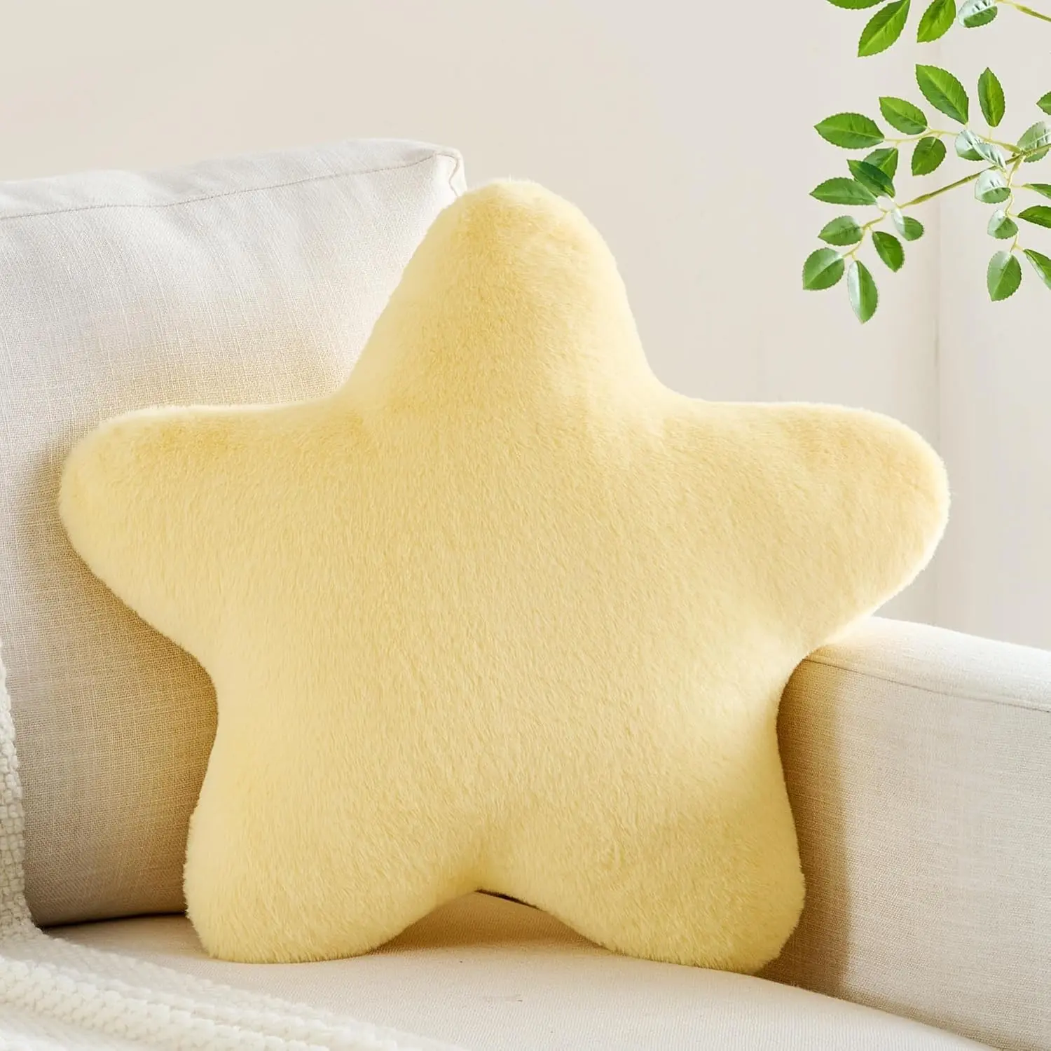 Yellow Star Faux Rabbit Fur Throw Pillow - 15.7in Super Soft Plush Decorative Cushion, Celestial Shaped Accent for Couch, Bed, Throw Pillows