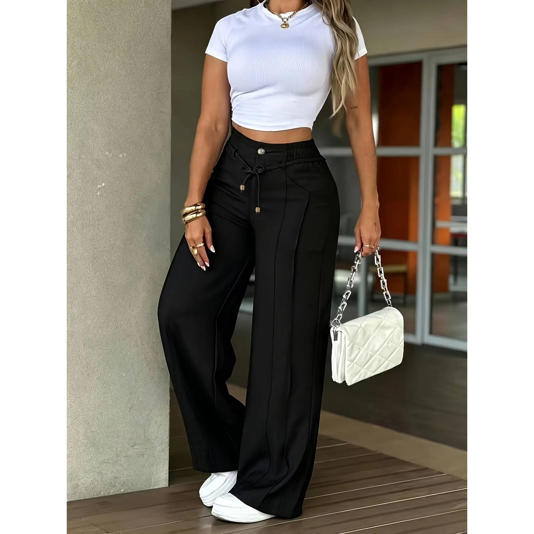 2026 European and American style front-pleated wide-leg trousers, high-waisted, tie-waist, hip-covering, drapey casual long pants for women, wholesale