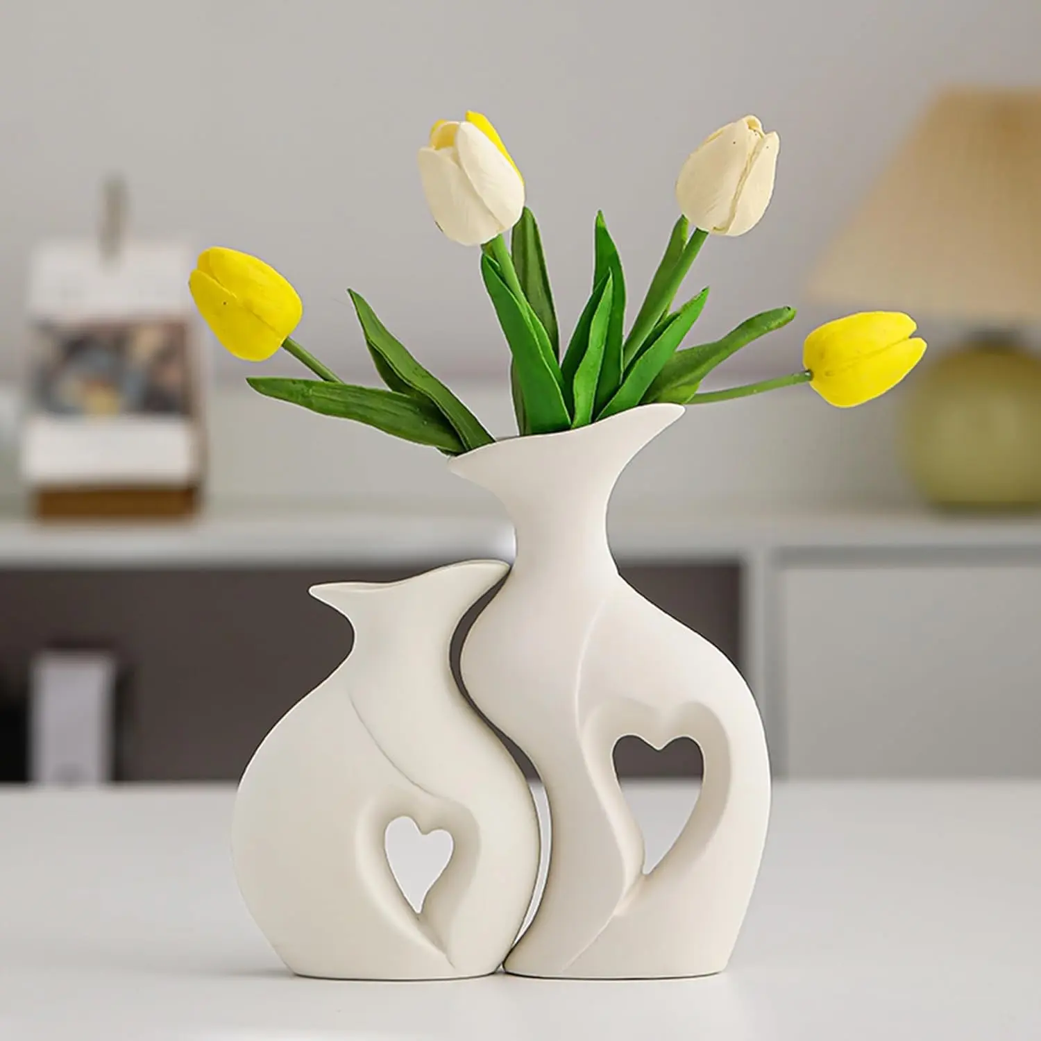 2 Piece Ceramic Heart Vases Set, Modern Nordic Bohemian Home Decor, Decorative Vase, Table Centerpiece, Living Room, Bookshelf, Office Decoration