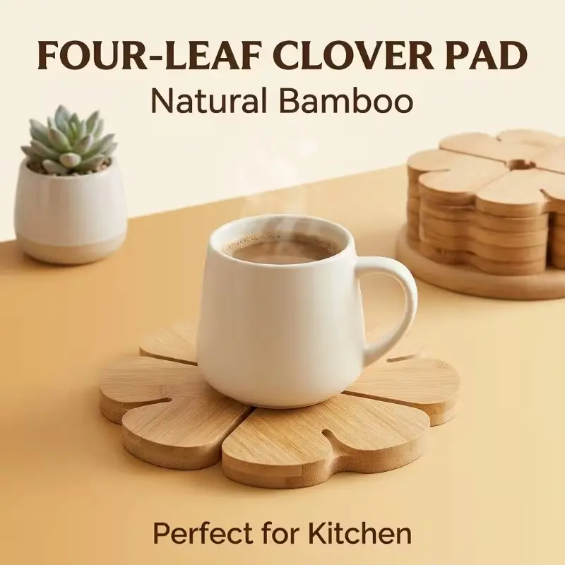 1pc 4-Leaf Clover Heat-Resistant Wooden Trivet, Coasters - Thick Non-Slip Pad for Hot Pots, Pans & Bowls. Natural Wood Tabletop Decor for Dining Tables & Kitchens. Great for Family Dinners, Holiday Feasts & Housewarming Gifts, Home Cooks & Homemakers