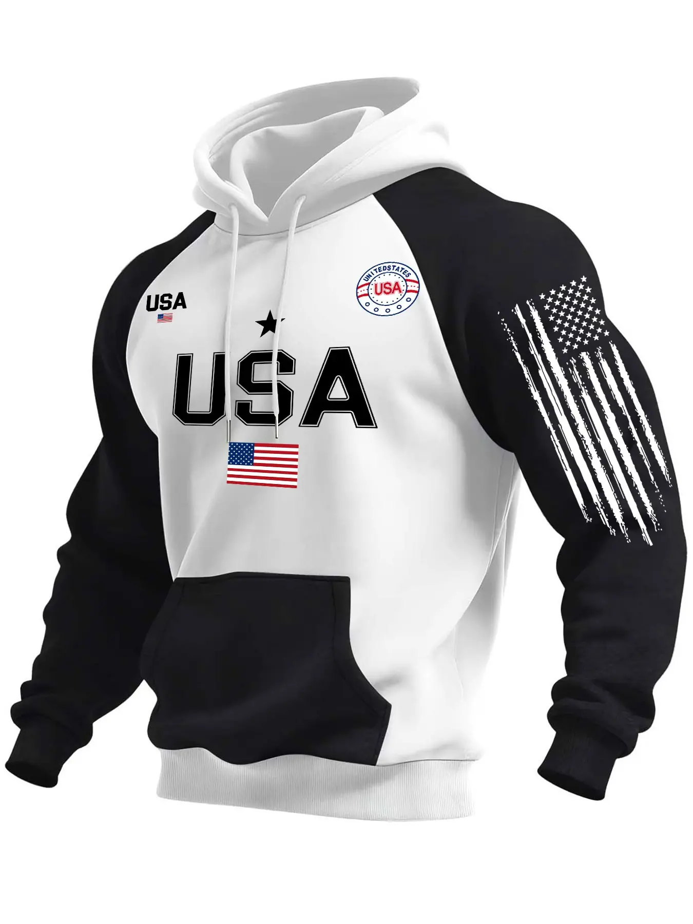 Men's Colorblock Long Sleeve Hoodie with Usa Flag Print, Fall Winter Fashion, Loose-Fit Casual Sweatshirt, Retro Drawstring Design