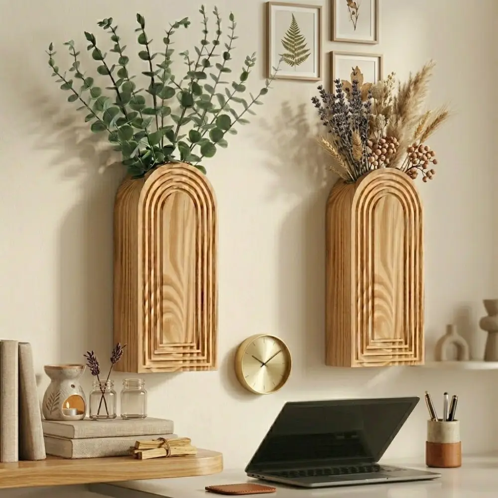 Large Wooden Wall Planter Vase, Modern Farmhouse Hanging Pocket for Indoor Plants, Rustic Wood Wall Decor for Bathroom, Entryway, Living Room & Bedroom, Handmade Decorative Wall Mounted Sconce for Faux Flowers