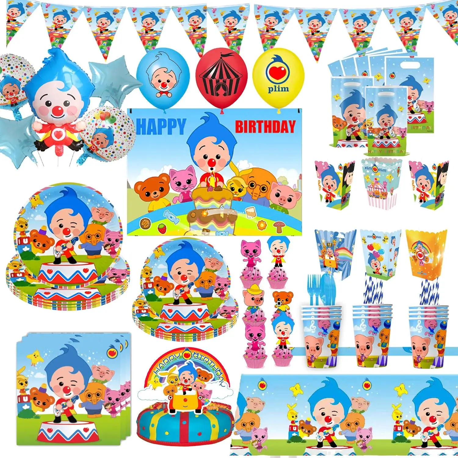 Cute Cartoon Clown 60-Piece Paper Birthday Party Decorations Supplies Set - Home Decor for Kids, Includes Tableware, Cups, Plates, Balloons, Banner Set, Balloon Banner, Backdrop, Gift Bags & Favors for Family Dinner