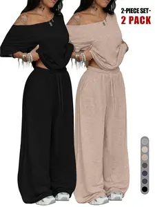 Off Shoulder Matching Tracksuit, Spring Fall Drawstring High Waist, Wide Leg 2 Piece, Solid Color Slim Leg Casual Loungewear
