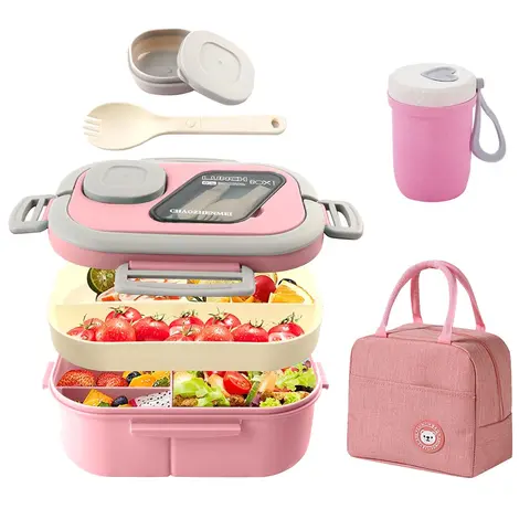 All-in-One Bento Lunch Box Set for Adults & Kids, Portable Meal Prep Kit with 2-Tier Leak-Proof Bento Box, Sauce Cup, Fork, Insulated Soup Cup and Lunch Bag, Keeps Food Fresh & Flavors Separate, Meal Prep Containers Reusable