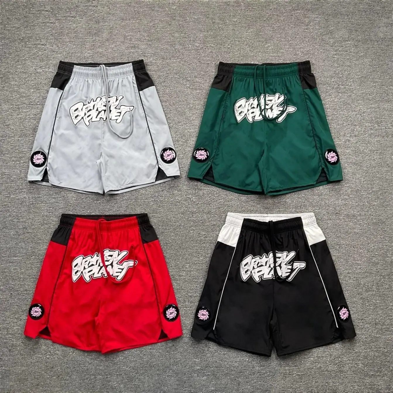 Men's Oversized Relaxed Fit Boxing Muay Thai Shorts - Unisex Clothes, Outline Letter Graffiti Print, Elastic Drawstring, Split Hem, Hidden Zip Pockets, Color Block, Lightweight Quick Dry, Machine Wash Summer Streetwear Bottoms, Hidden Pockets
