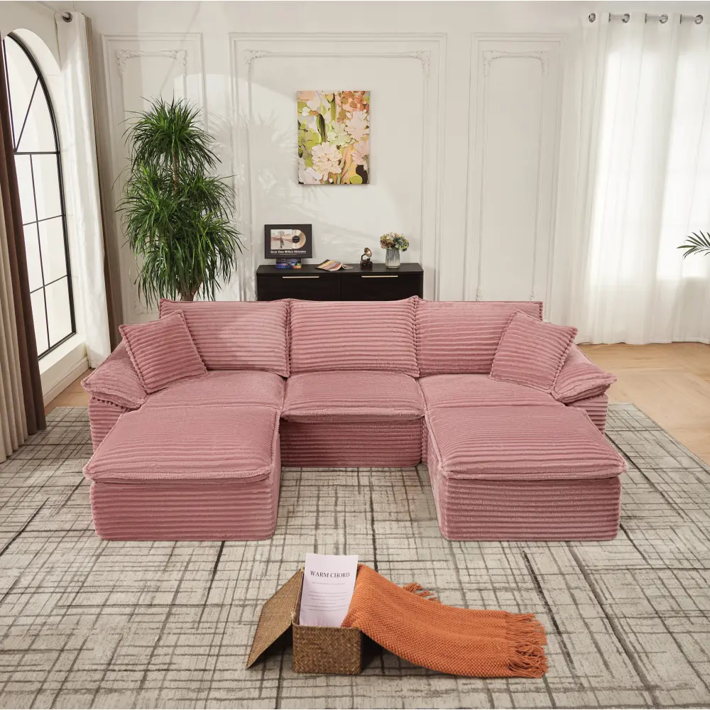 113" Sectional Sofa - U-Shape Sofa Oversized Corduroy Cloud Couch with Movable Ottoman Soft Modern Comfy and No Assembly Sofa Set for Living Room Apartment Office, Pink
