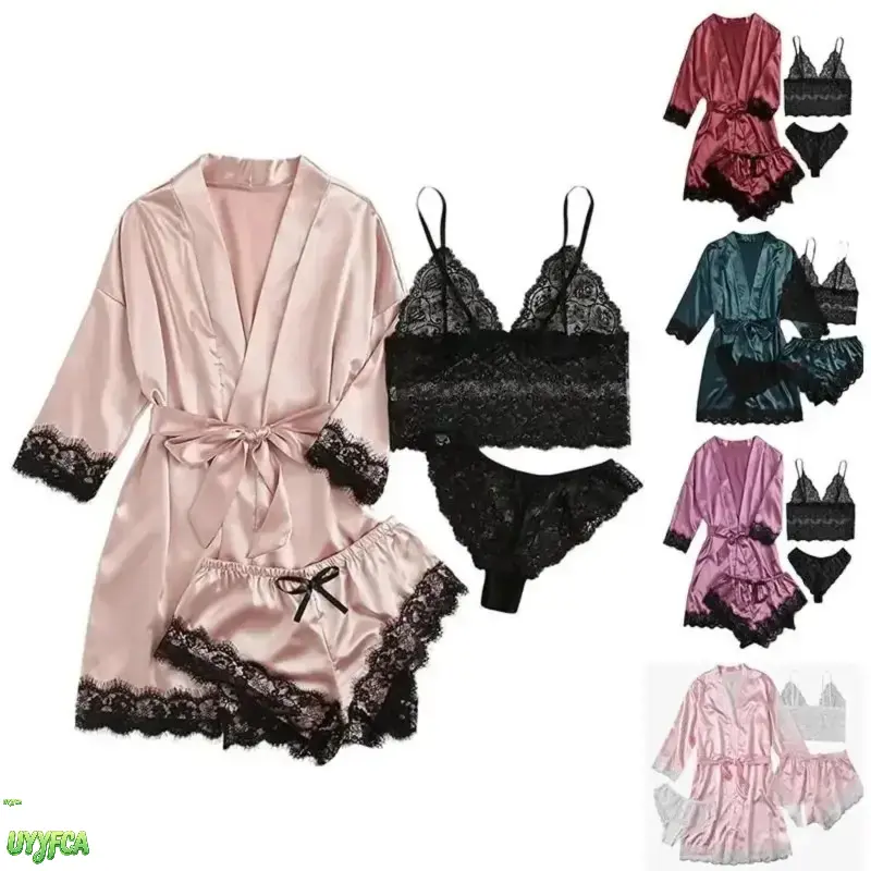 4 Piece Satin Lace Pajama Set For Women, Open Front Kimono Robe With Belt Floral Lace Cami Top Shorts Thong Lingerie Sleepwear, Silky Glossy Lightweight Nightwear, Elegant Soft Lounge Outfit Soft Lightweight Fabric Ensures All-Day Coziness,Summerwins