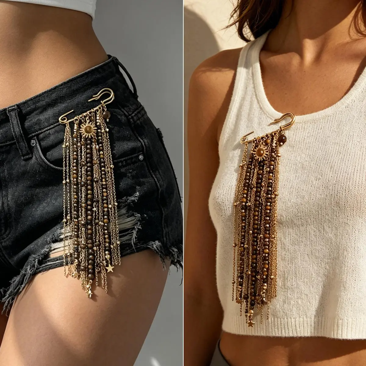 Chunky Safety Pin Tassel Brooch Gold Chain Beaded Fringe Waist Pin Denim Shorts Decoration Y2K Baddie Festival Aesthetic Fashion Gift For Her
