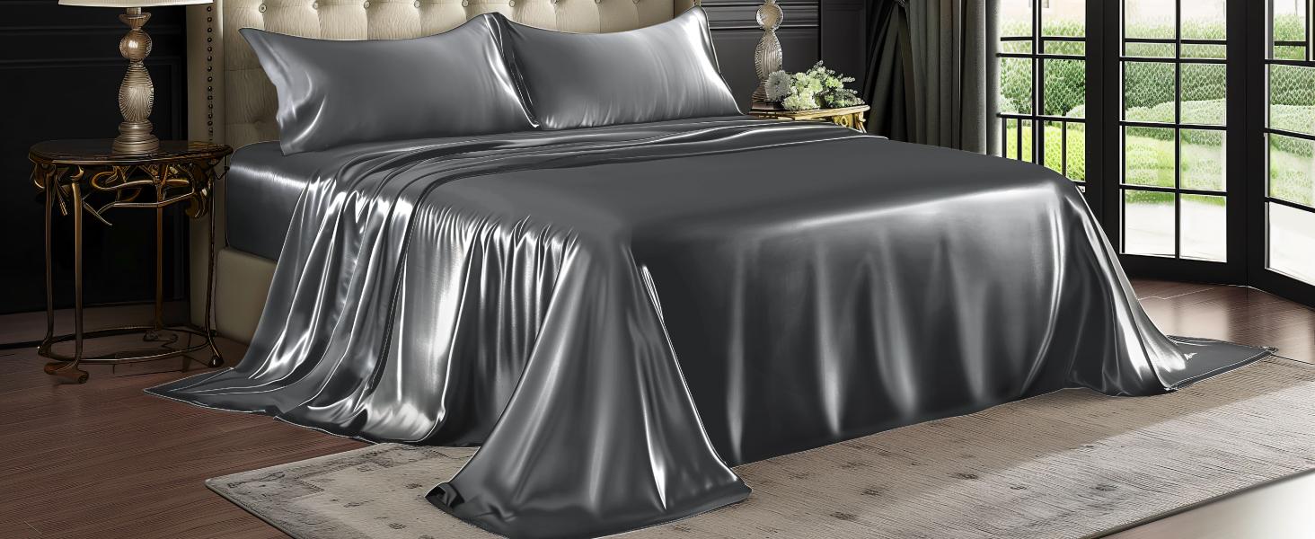 BEDELITE Satin Sheets Bed Set Luxury Soft Ivory White Summer Edition Reversible Microfiber Bedding  Full Queen King Sizes Deep Pocket Fitted Sheet for Hair and Skin Care Valentine's Day gift