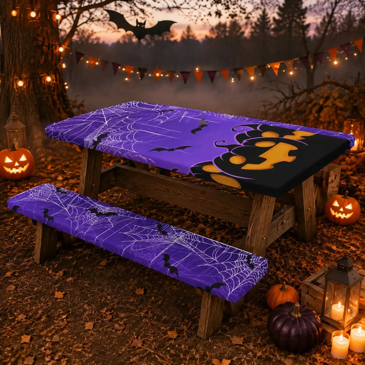 72X30 Inch Stretch Fitted Picnic Tablecloth and Bench Cover Set, Waterproof Heavy Duty Outdoor Tablecloth, Halloween Black Cat Pumpkin Bat Print, Slip Resistant Easy Clean Protector for Backyard, Park, BBQ, Picnic, Camping