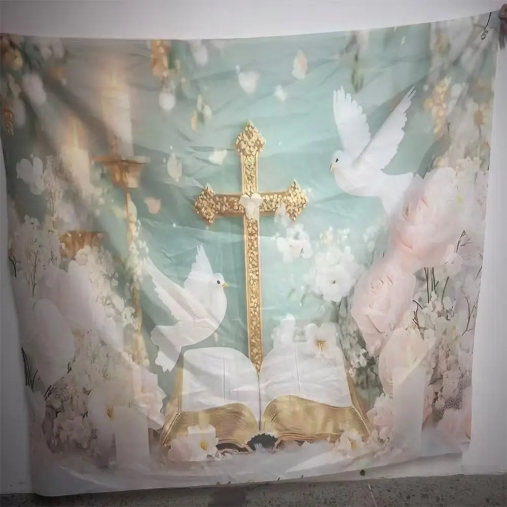 2D 1pc Mint Green Gold Cross Religious Backdrop Banner, Decor Banners, Dove Bible Photography Background, Backdrops For Photoshoot, Ideal for Baptism, First Communion, Christian Wedding Decor, Multiple Sizes Available, Wedding Arched Backdrop