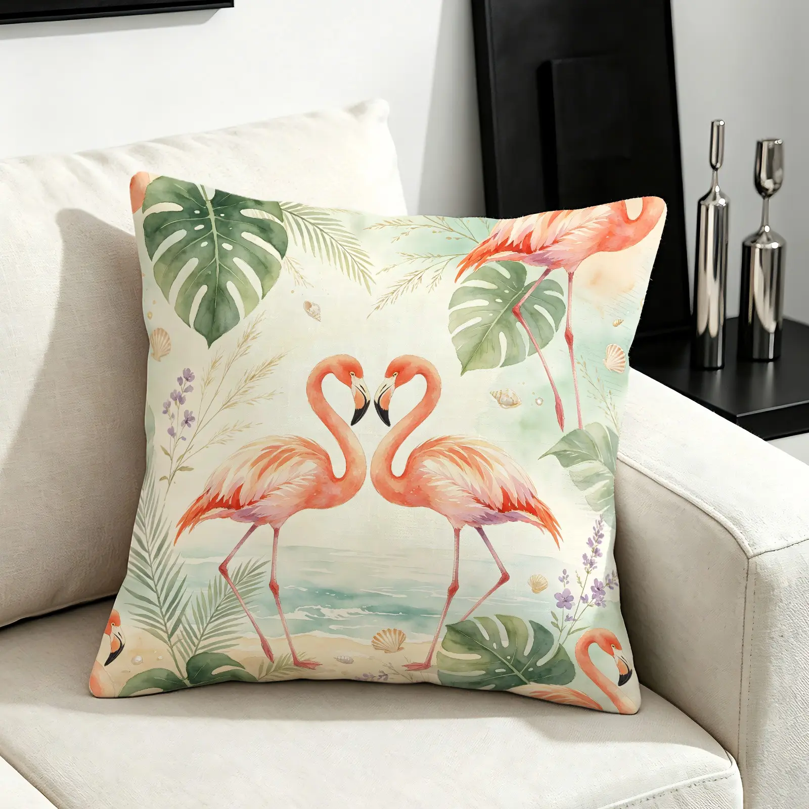 45x45cm 1Pc Flamingo Tropical Watercolor Multi-Pattern Printed Throw Pillow, Machine Washable, Fresh Trendy Prints, Plush Highly Elastic Soft Filling, Multi-Scenario & All-Age Four-Season Decorative Cushion (With Pillow Insert Included)
