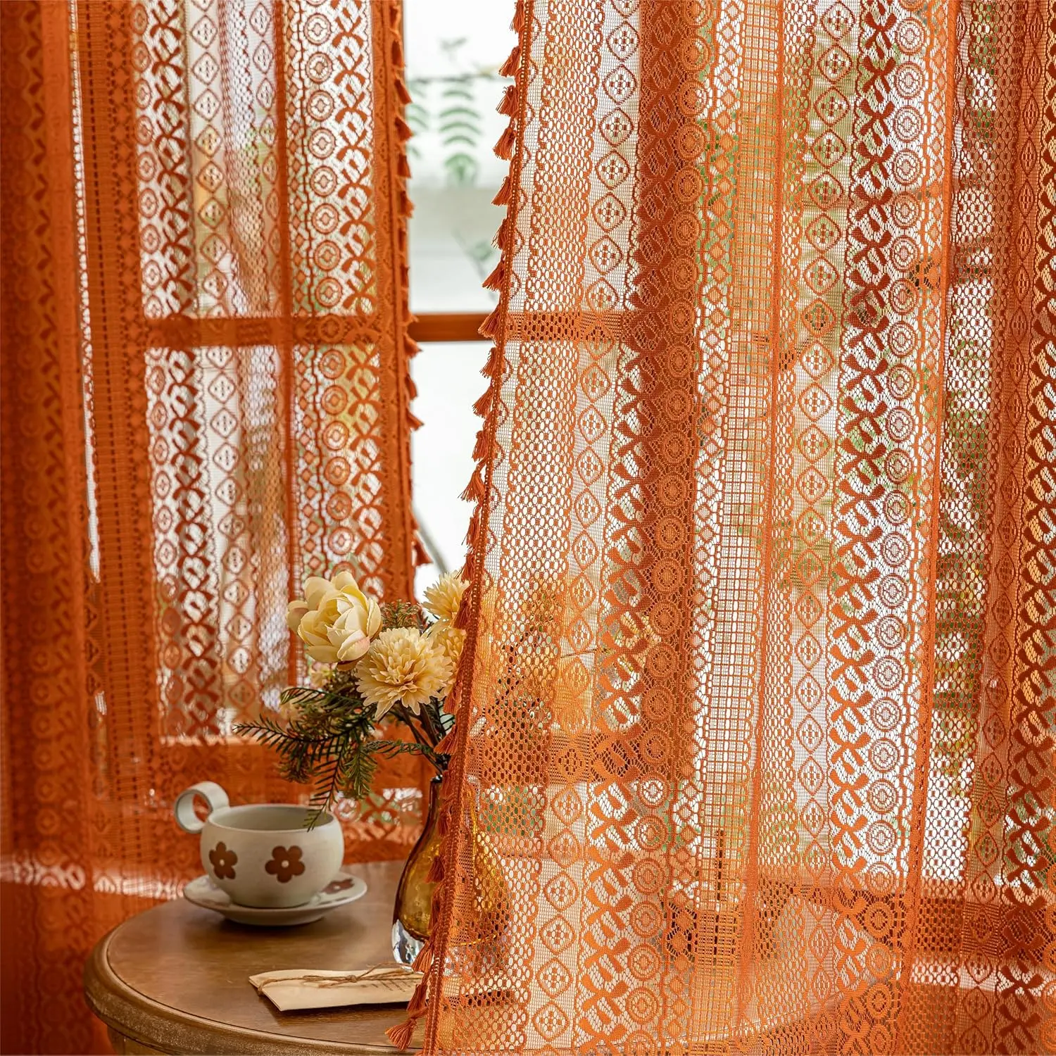 Terracotta Boho Lace Curtains 2 Panels 84 Inches Long for Living Room&Bedroom, Burnt Orange Privacy Farmhouse Vintage Tassels Retro Halloween Window Sheer Curtains Rod,50" W
