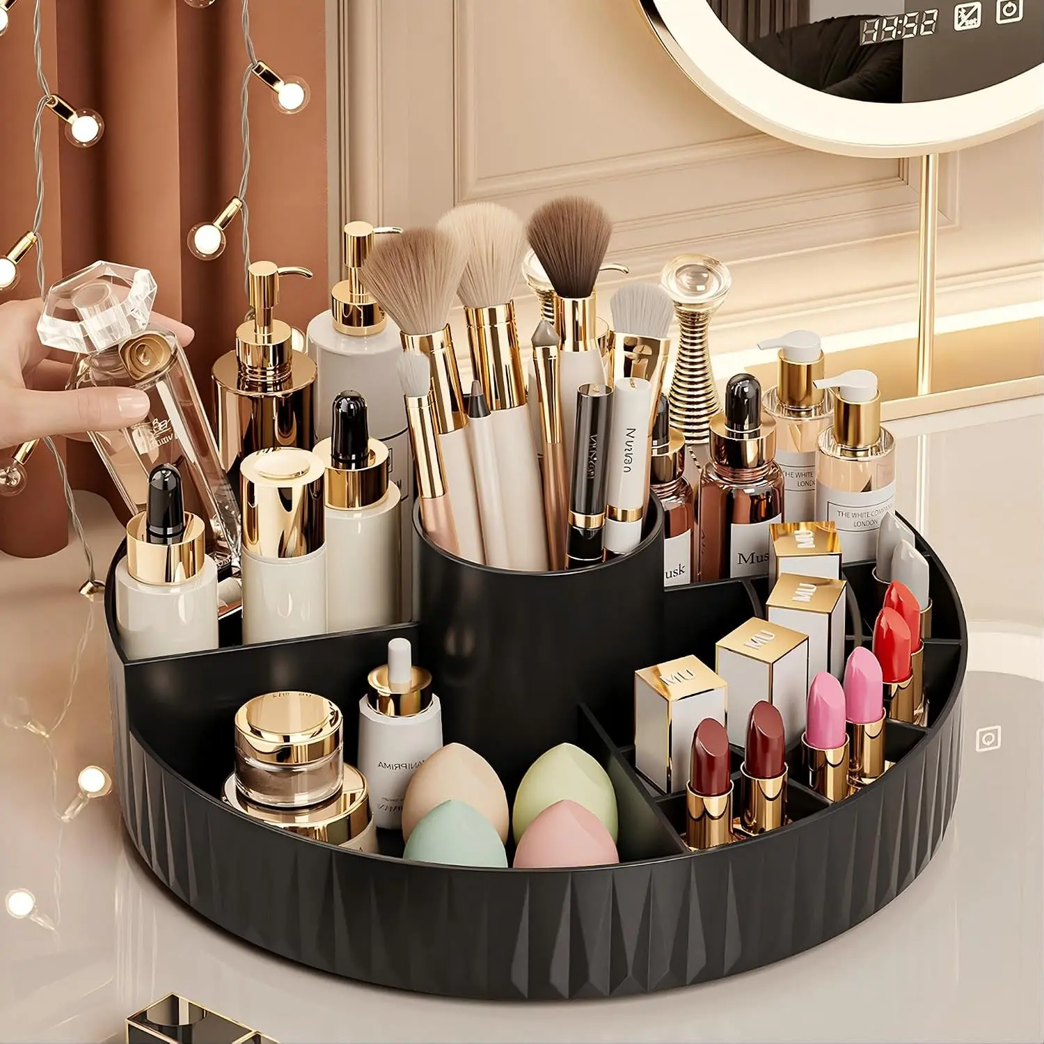 360° Rotate Makeup Organizer, Countertop Skincare Organizer, Large Capacity Multi-Compartment Makeup Brush Lipstick Skincare Organizer,  Storage for Dresser  & Bathroom (Black)