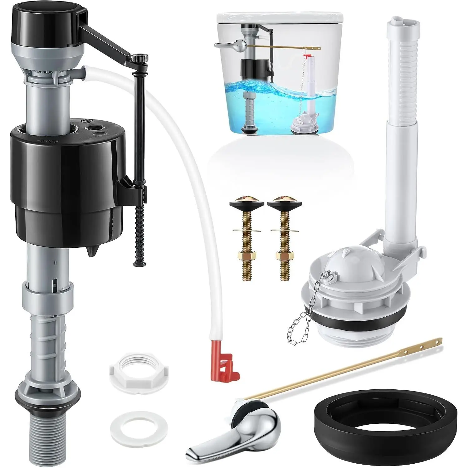 3 Inch Toilet Repair Front Flusher Replacement Kit - Adjustable Valve, Fill Valve, Flapper, Rubber Gasket, Bolts, Complete Kit for In-Tank Toilet Parts (1 Pack)