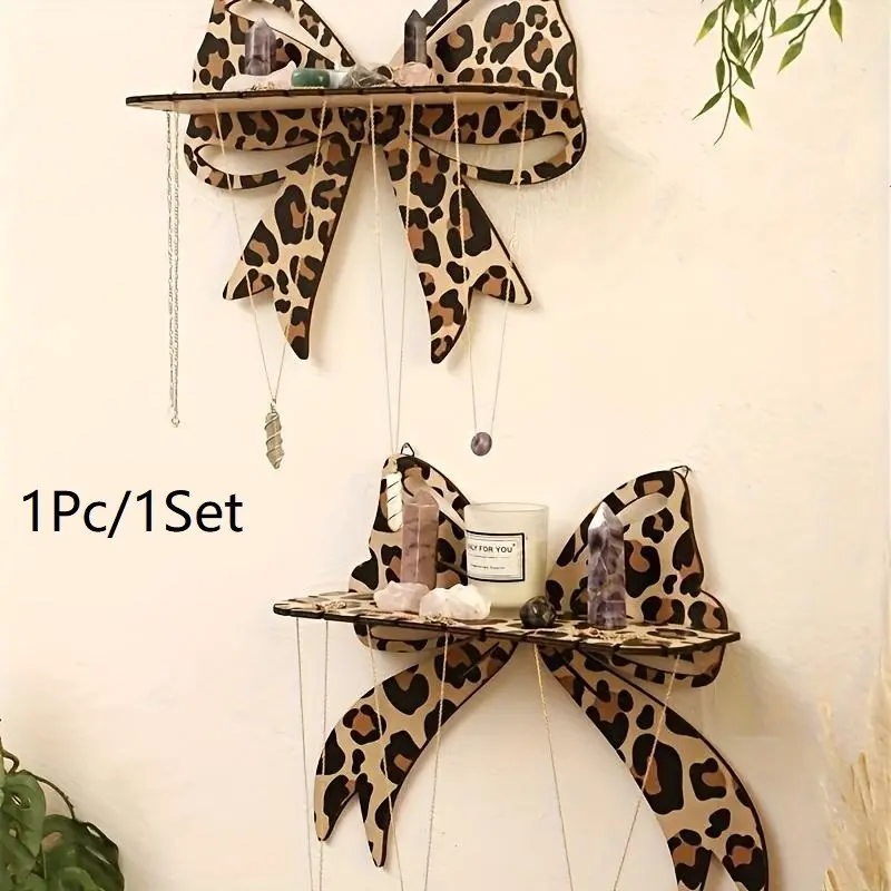 Leopard Print Bow Wall Shelf, Wooden Crystal Display Stand, Decorative Hanging Jewelry Rack for Bedroom Living Room Vanity, Wall Mounted Shelf, Wall Mountable Decoration, Decoration Items