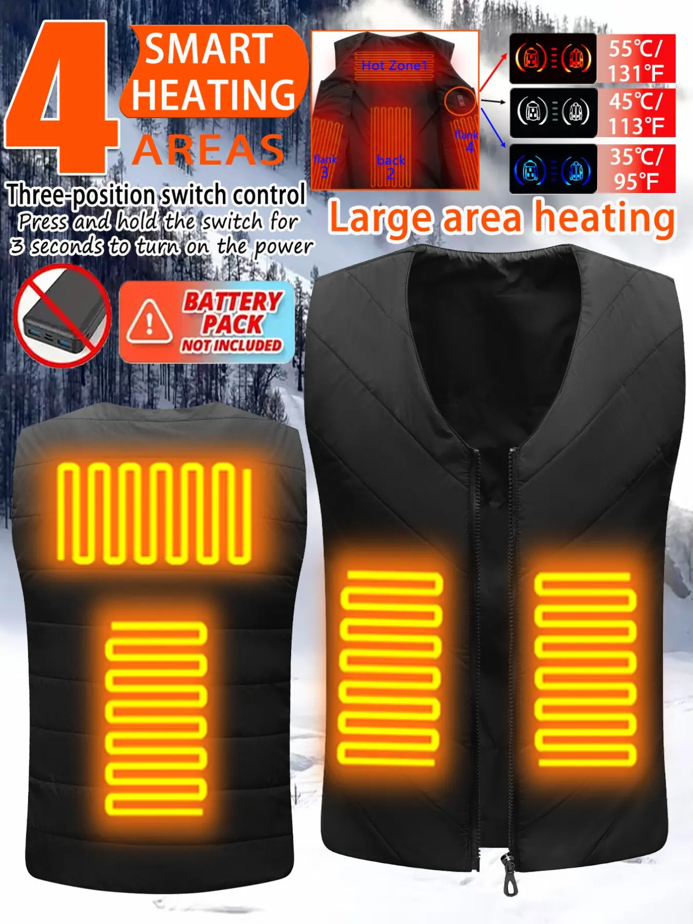 Electric Heated Vest, V-Neck, 4 Large Heating Pads, USB-Powered, Winter Outdoor Sports Warmth Wear, 3-Level Temperature Control, Suitable for Wearing Under or Over Clothing During Winter Outdoor Activities (Battery Pack Not Included), Christmas Gift