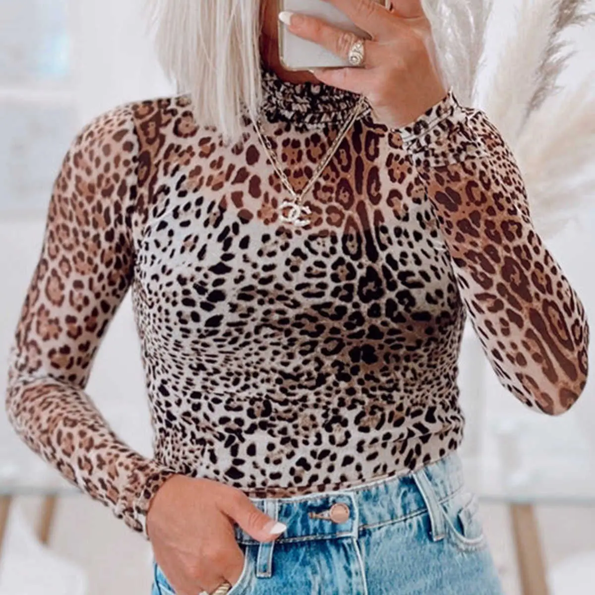 Women's Chic Leopard Print Tops, Elegant Polyester Bodysuit with a Smocked Neck and Sheer Mesh Long Sleeves, Style