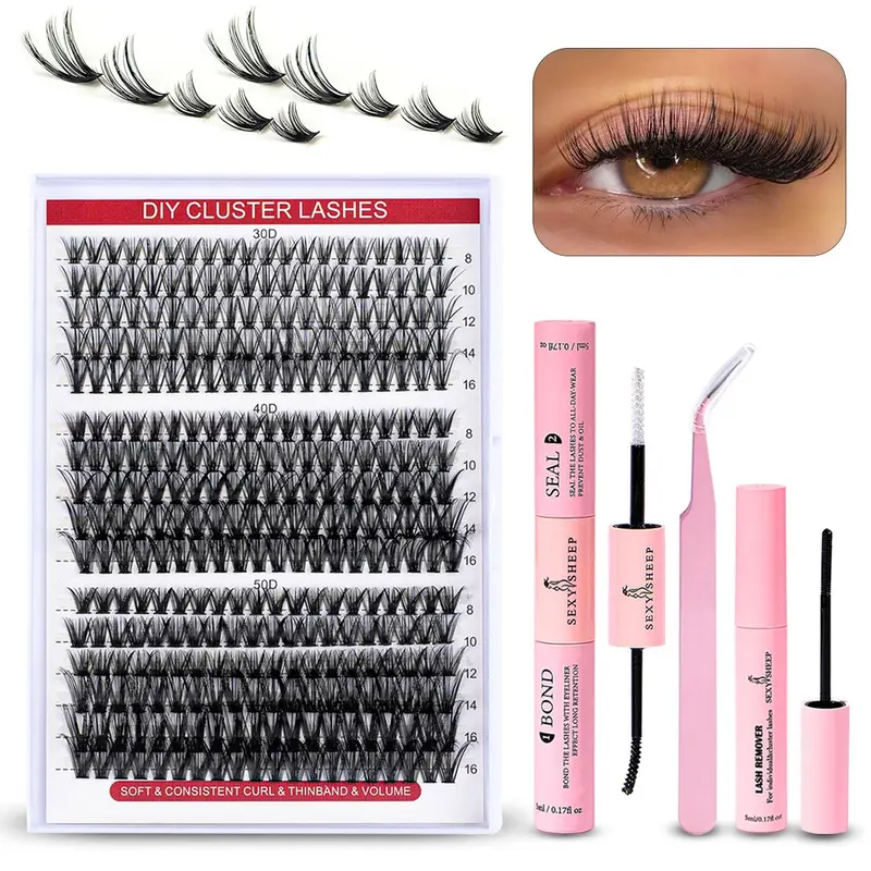 Summer Eyelash Extensions Set, Individual Cluster Lash, 1 Set False Eyelashes Set & Eyelash Tweezers & Eyelash Glue & Eyelash Remover, Makeup Accessories, Summer Makeup