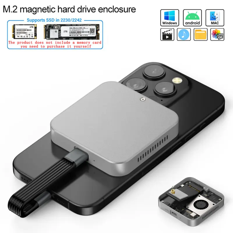 Magnetic external hard drive, External storage devices, External data storage, phone external hard drive enclosure, photo & memory storage, for iPhone 15 Pro, Type-C, 10Gbps transfer speed, 2TB, external SSD enclosure, supports 2230/2242 SSDs
