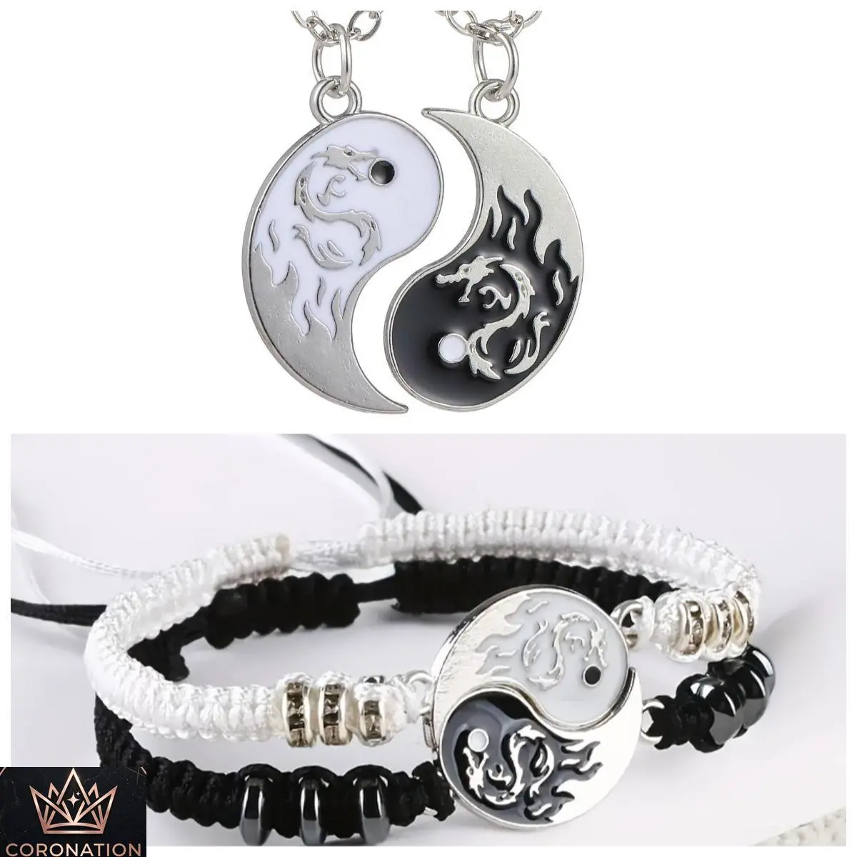 Yin Yang Bracelet & Necklace Set, Spiritual Aesthetic Jewelry for Women & Men, Handmade Black White Adjustable Friendship Bracelets with Rhinestone Charm, Meaningful Couple Gift for Everyday Wear, Valentine’s Day & Special Occasions