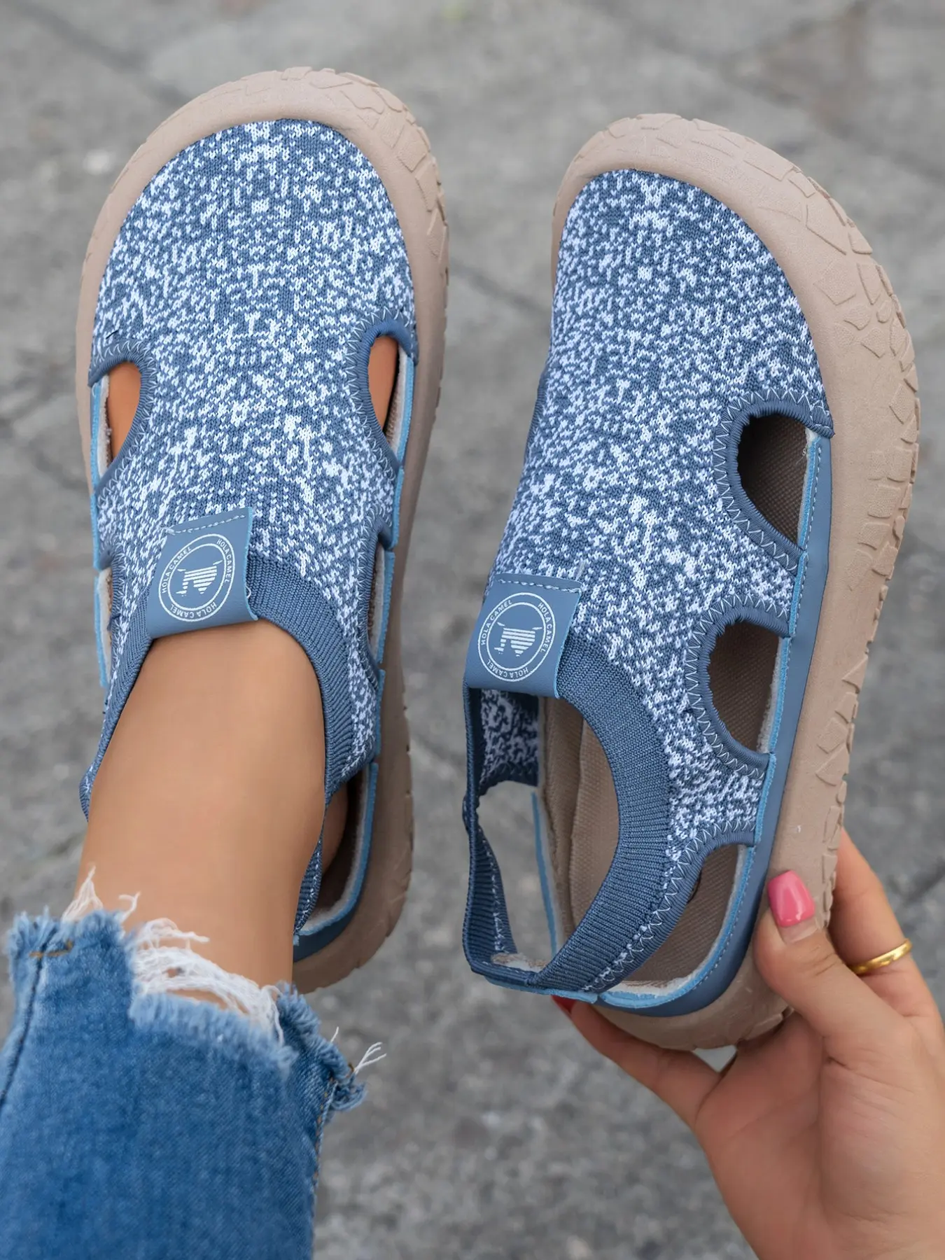 2026 New Mixed Color Knitted Hollow Out Shoes, Elastic Back Strap, Non-Slip Thick Sole, Breathable Daily Women's Beach Walkers