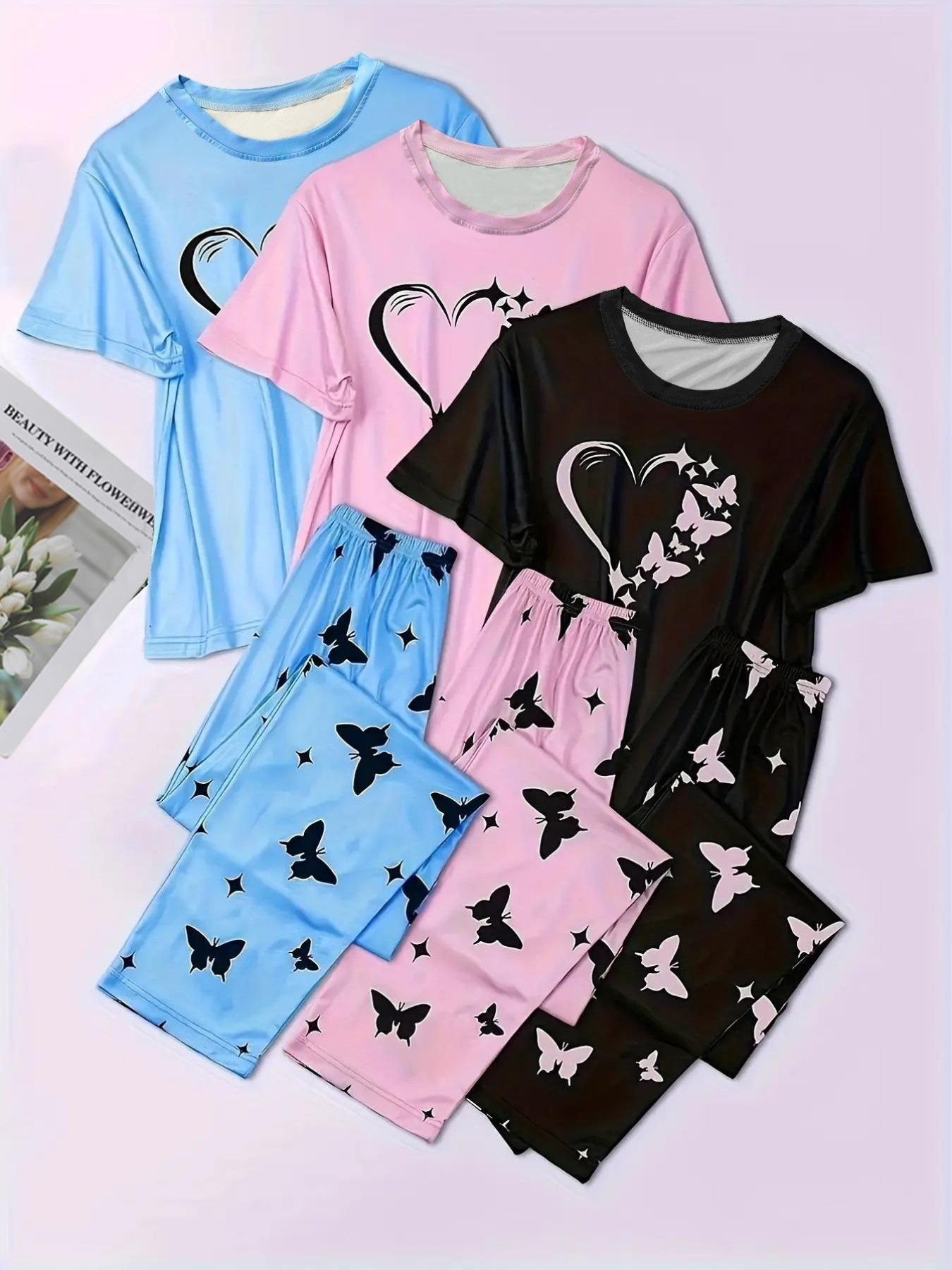 6 Counts Women's Heart & Butterfly Print Pyjama Set, Short Sleeve Tee & Elastic Waist Pants Loungewear Set, Women Cute Nightwear, All Seasons Nightwear, PJ Sets for Women, Casual Sleepwear Loungewear, Love Print Sleepwear, Summer Outfits 2024 6 Counts Women's Heart & Butterfly Print Pyjama Set, Short Sleeve Tee & Elastic Waist Pants Loungewear Set, Women Cute Nightwear, All Seasons Nightwear, PJ Sets for Women, Casual Sleepwear Loungewear, Love Print Sleepwear, Summer Outfits 2024