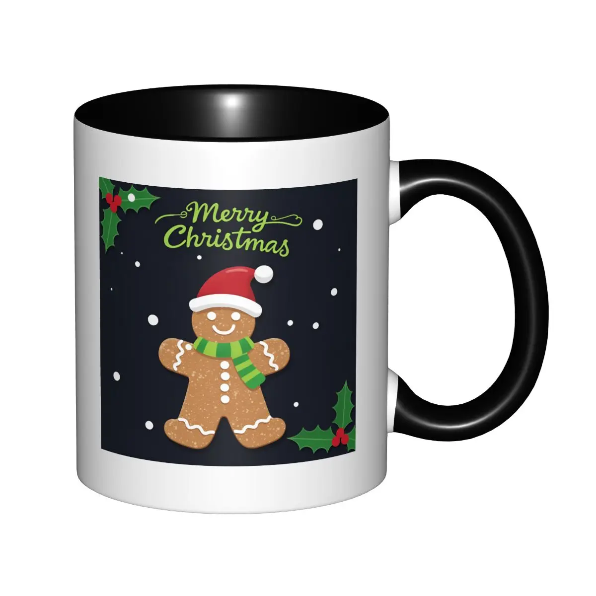 Classic 2-Tone 11oz Heat-Safe Curved Shape Coffee Mug, Durable Christmas Ceramic Drinkware with Santa Hat-Scarf Gingerbread, Holly, Snowflake, Black Interior, Home Holiday Gift for Family, Ideal for Cafes, Two Tone