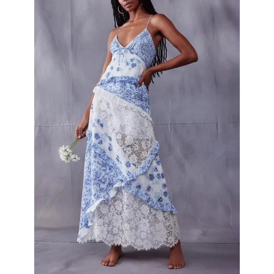Women's Bohemian Sleeveless Lacy Polyester Blend Floral Maxi Dress - Spaghetti Strap, V-Neck, Backless, Lace Ruffle Tiered Long Dress for Summer Beach Wedding, Cocktail Party
