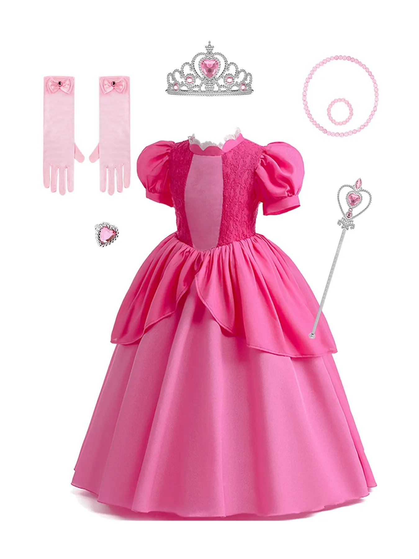 7-Piece Set, Soft Pink Fairy Tale Princess Dress for Girls, Lace Trim Cap Sleeve Gown, Loose-Fit Cosplay Costume for Carnival & Stage Performances, Ages 3-12
