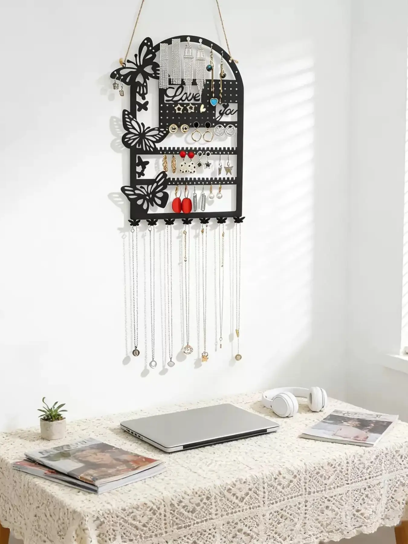 Metal Wall-Mounted Decorative Butterfly Theme Jewelry Rack, Butterfly Earrings Necklace Display Storage, Bedroom Study Bathroom Closet Dressing Room Organizer