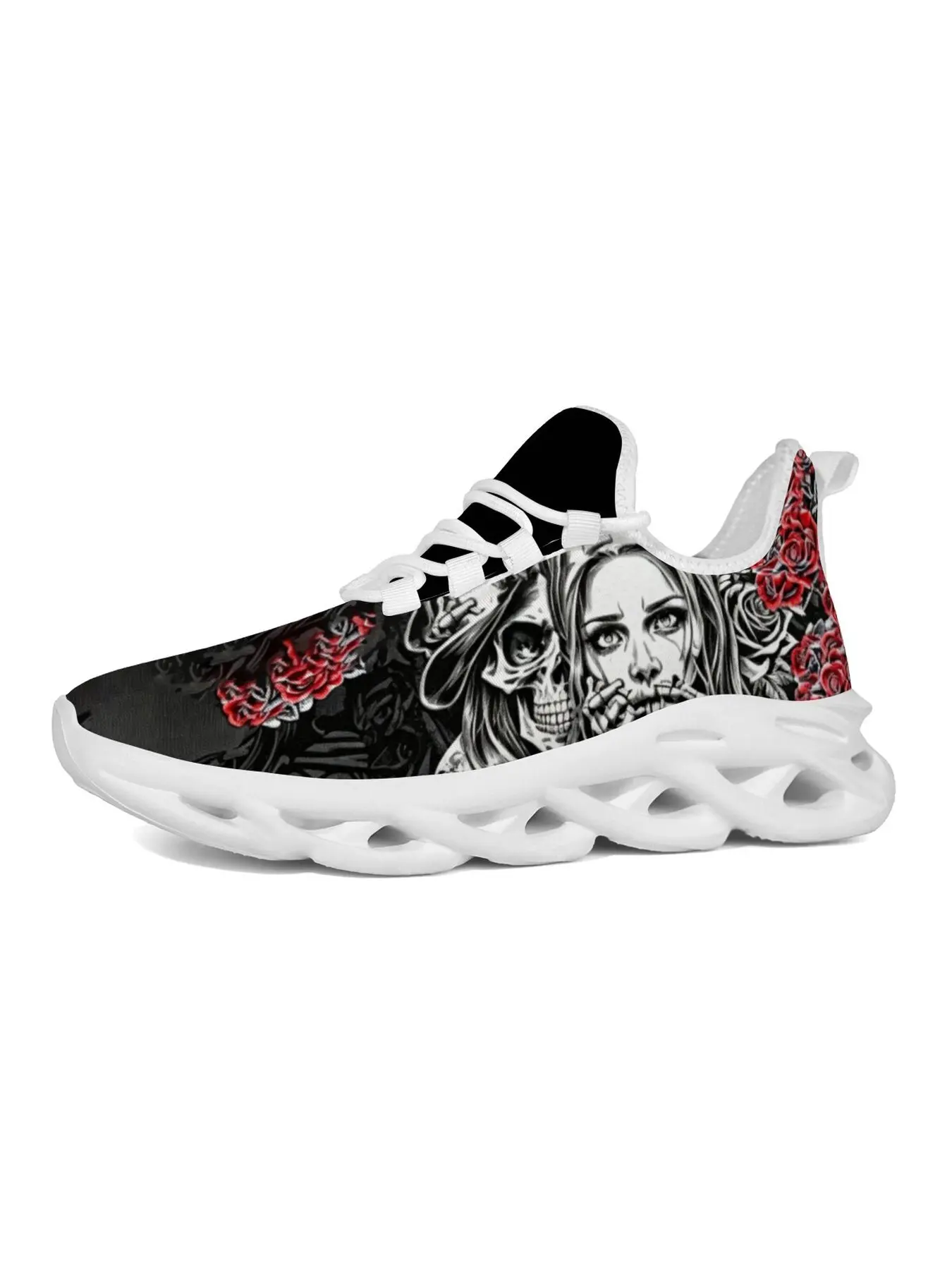 Tattoo Style Skull Rose Girl Pattern Running Shoes, Black White Red Gothic Skeleton Print Sneakers, Breathable Mesh Lightweight Non-Slip Casual Athletic Shoes for Men Women Unisex Rock
