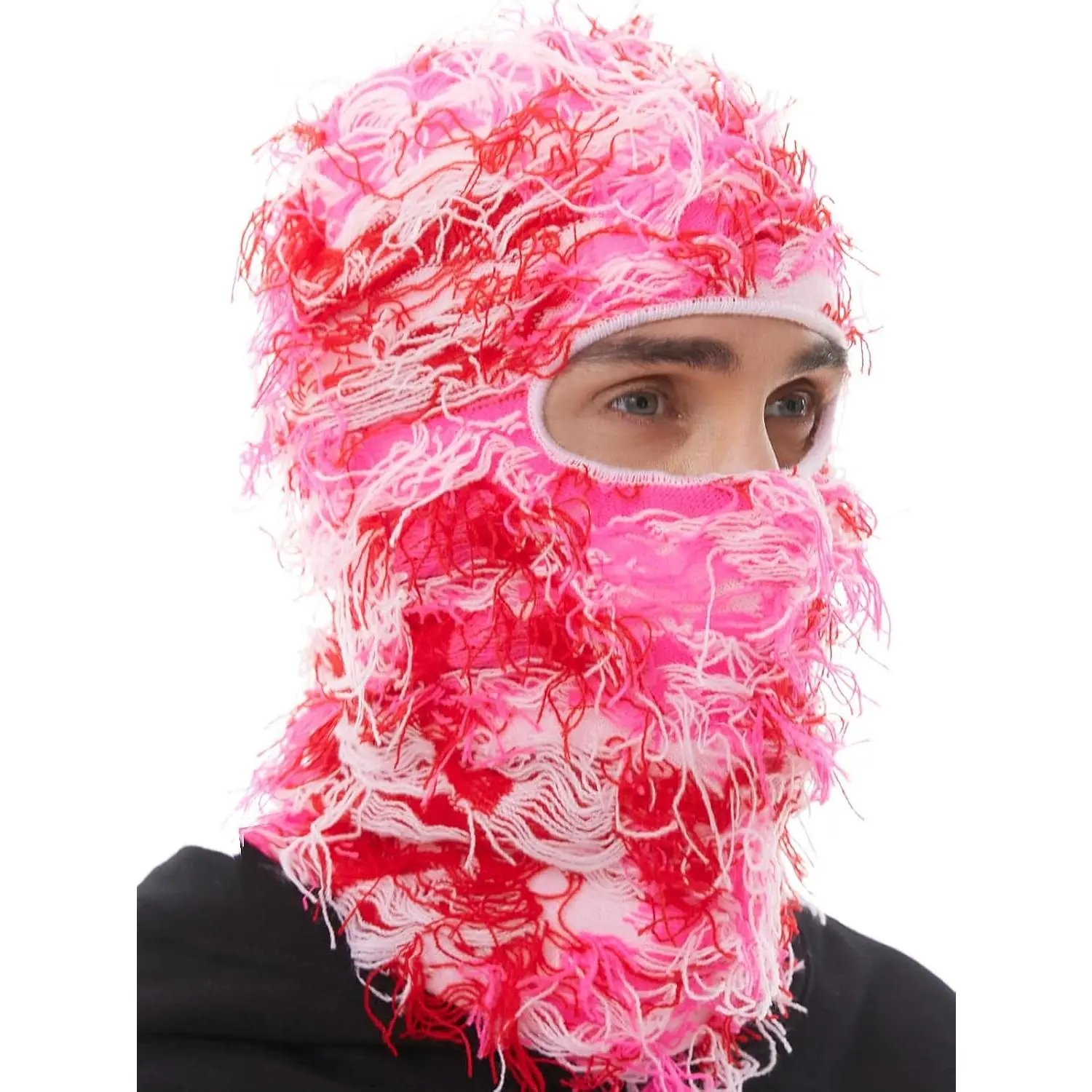 Adult Distressed Knitted Ski Mask Balaclava Beanie - Synthetic Cloud-Soft Fuzzy Texture Fabric, Warm, Durable-Easy Care, Yeat Shiesty Style, 4-Way Wear Motorcycle Protective Gear, Machine Washable, Multi-Use for Concerts