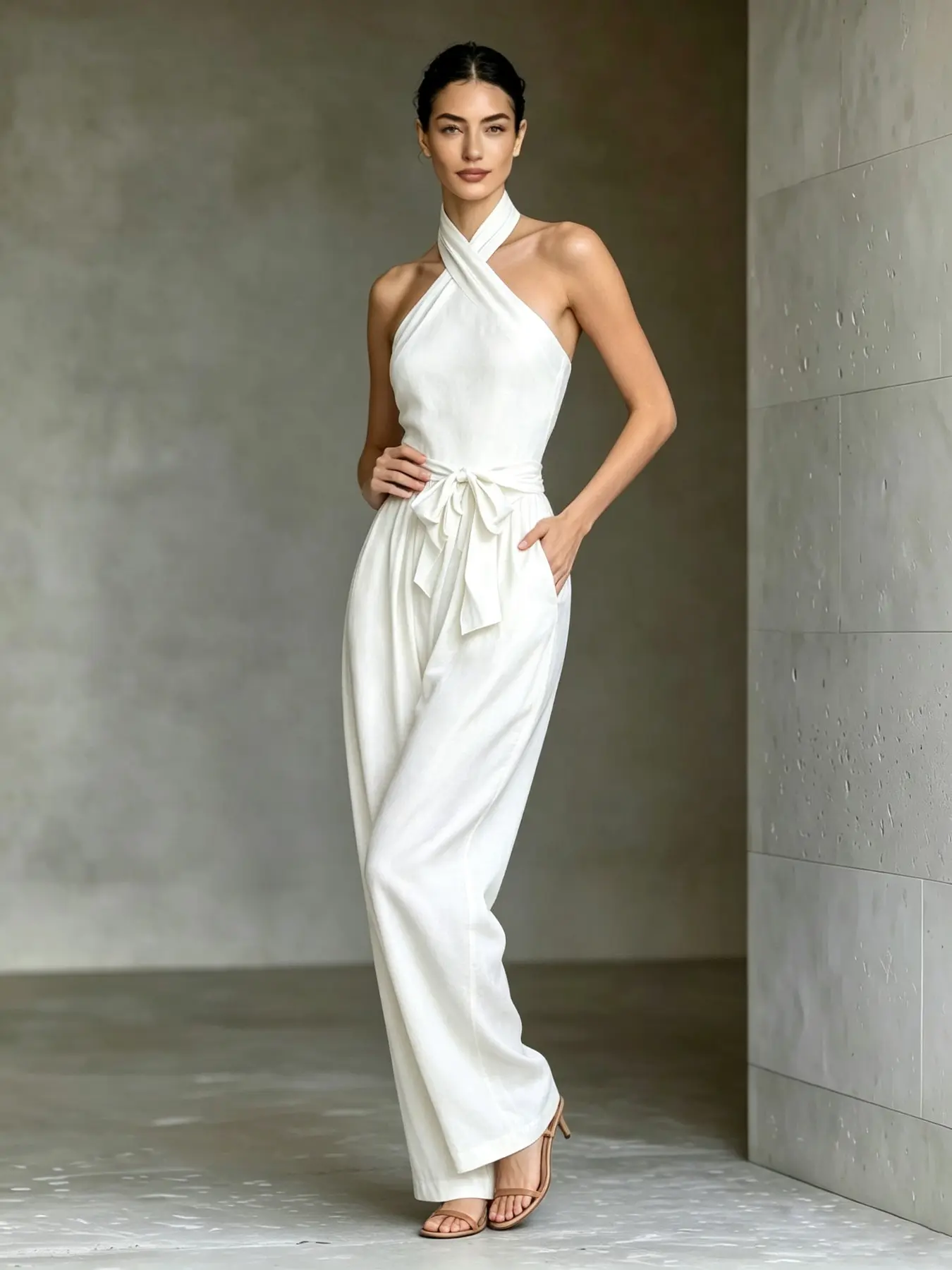 D0011 Viral Clean‑Girl Minimal Athleisure One‑Piece, Halter Wrap Front Jumpsuit, Custom‑Fit Adjustable Waist Belt, Flowy Wide‑Leg Silhouette with Hidden Pockets, Go‑to Daily Wear