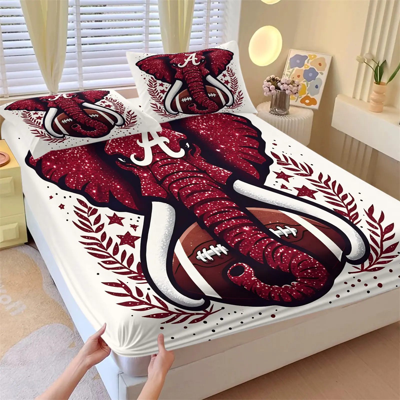 Alabama Crimson Tide Theme Fitted Sheet Set & 2 Coreless Pillowcases-Wine Red Glitter Elephant & Football & Letter A-Comfortable Non-Slip Mattress Protector-Breathable Sheet-Sporty Bedding for Football Fans' Bedroom Decor Printed Bedding Set