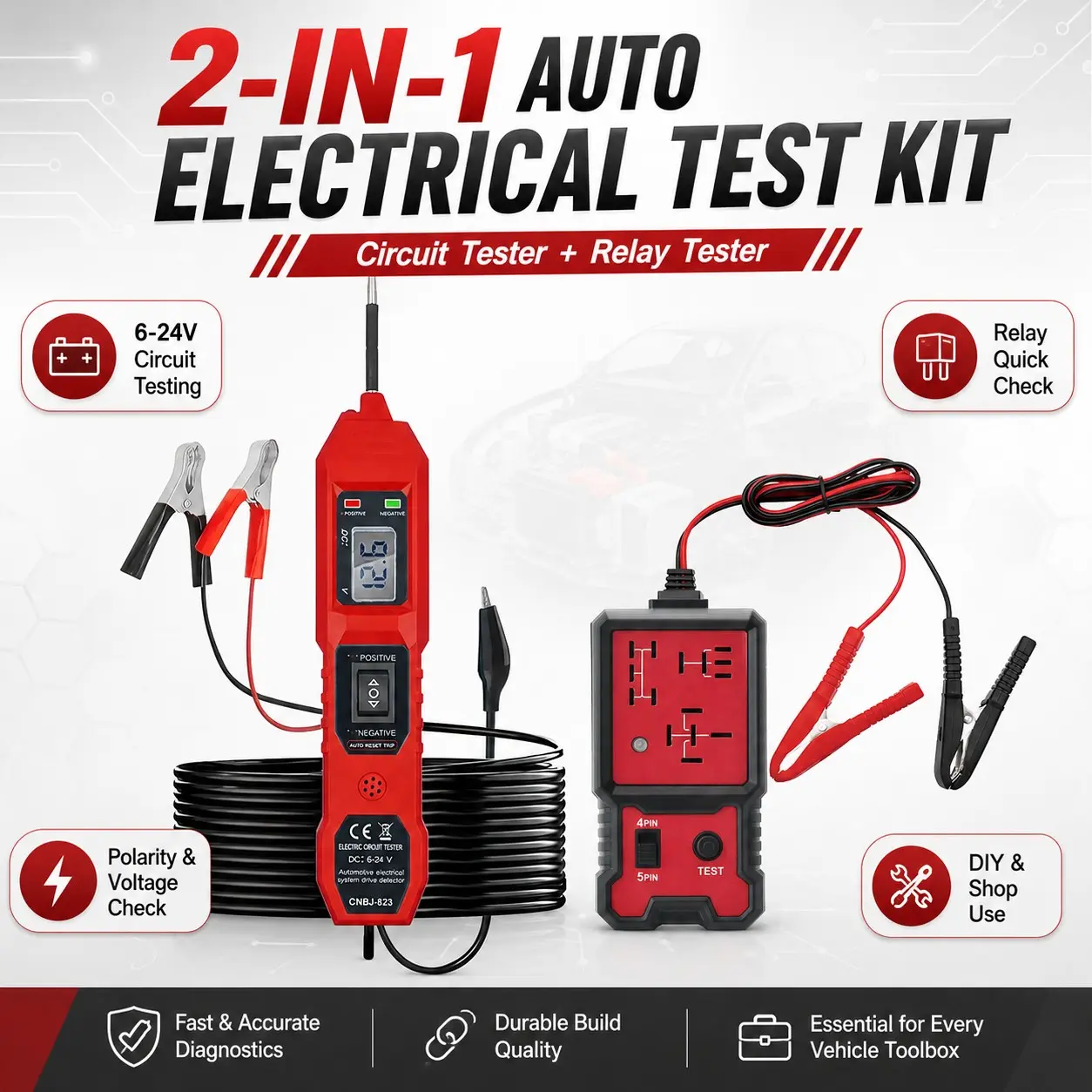 2-In-1 Automotive Electrical Test Kit, 6-24v Circuit Tester, Digital Voltage Display, Polarity Check, Car Diagnostic Tool for DIY