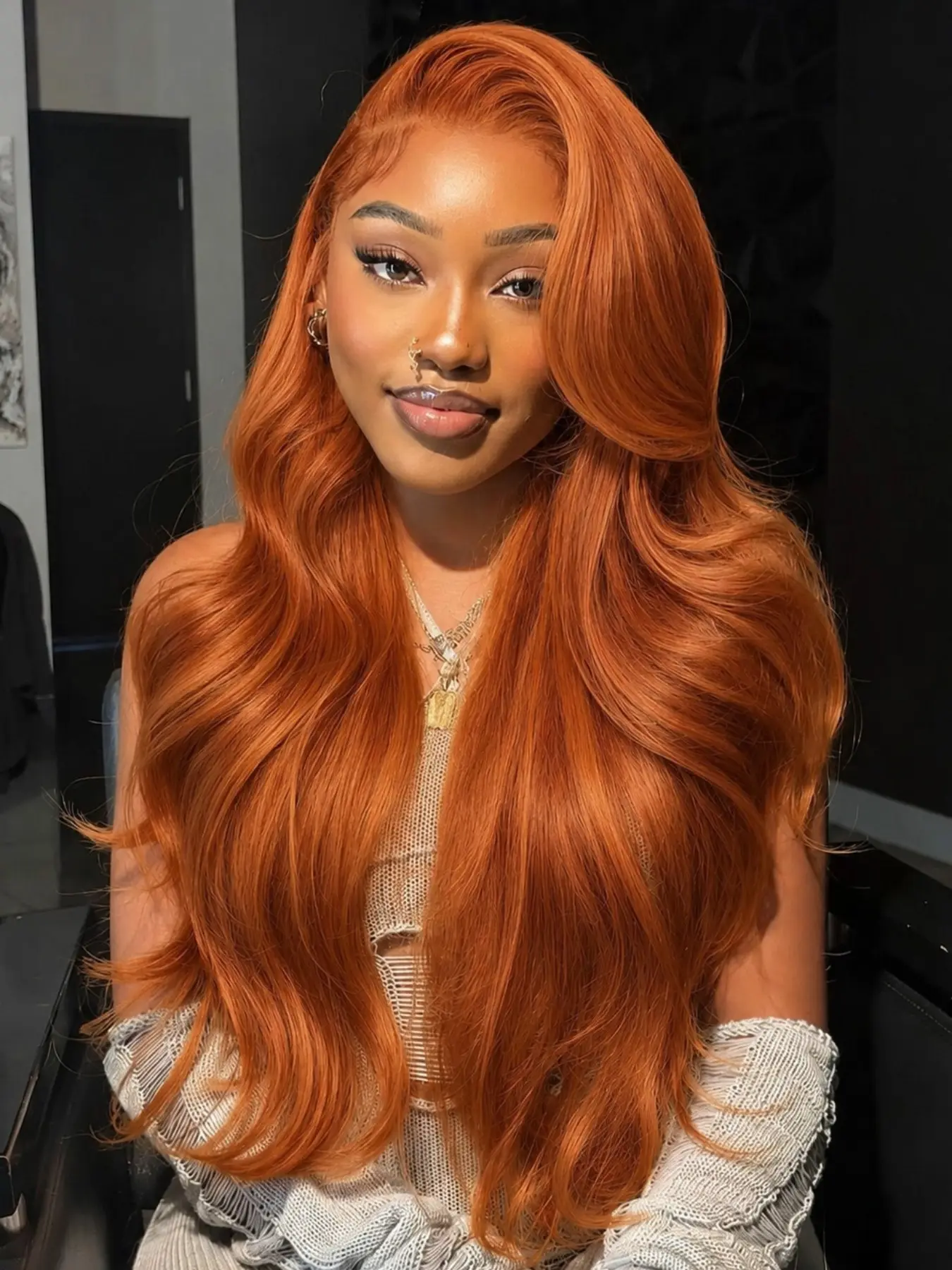 26 Inch Ginger Orange Body Wave Lace Front Wig Long Wavy Wig Heat Resistant Synthetic Hair Natural Hairline for Daily & Party Wear Lace Frontal Wigs