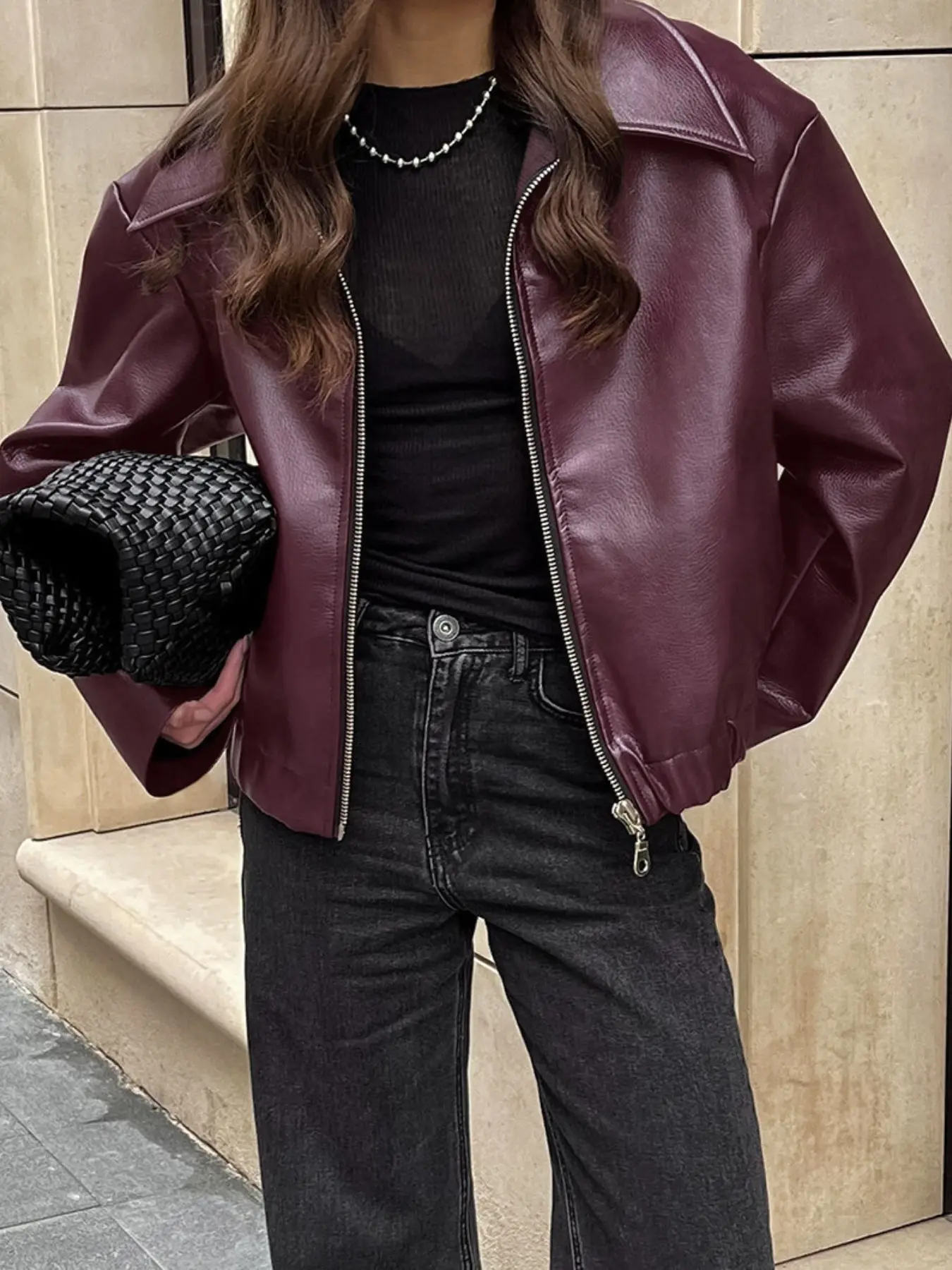 2026 Fall Winter Retro Wine Collar Motorcycle Jacket Women, European Style Loose Fit Short Faux Fake Leather Coat, Casual Zipper Fashion Outerwear