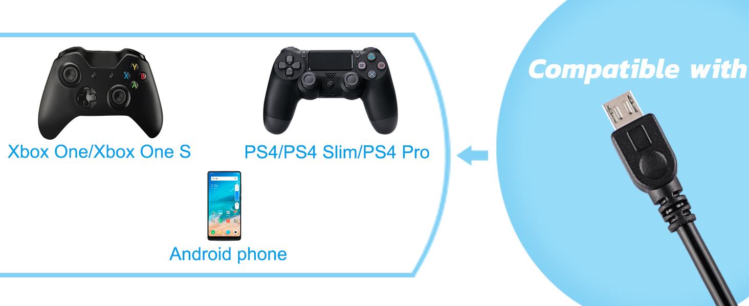 2 Pack 10Ft Controller Charging Cable for PS4, Play and Charge Micro USB Charger High Speed Data Sync Cord for Sony PlayStation 4 PS4 Slim/Pro Controller, Xbox One S/X Controller, Android