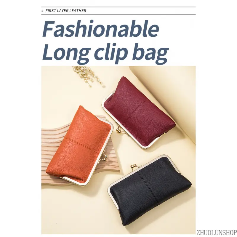 Minimalist Women Kisslock Clutch Bag, Genuine Top Grain Cowhide Long Frame Handheld Purse, Large Capacity Handbag With Cellphone Storage For Daily Outfits